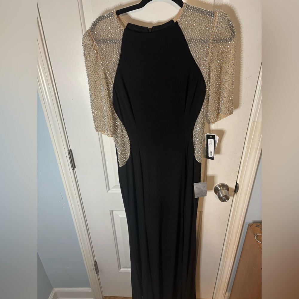 Xscape Black Gown with Beaded Champagne Sleeves - Picture 4 of 7